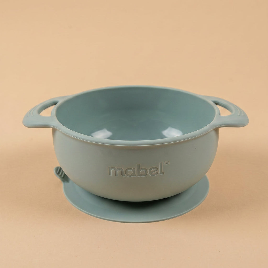 Mabel food-grade silicone no-mess suction bowl in Pistachio Moody Blue for baby-led weaning