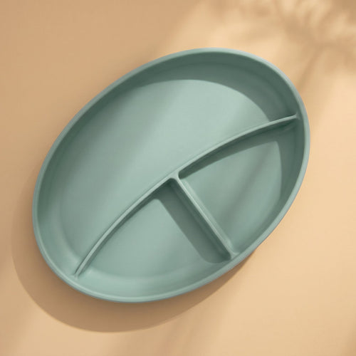 Mabel food-grade silicone stay put suction plate in Pistachio Moody Blue for baby-led weaning
