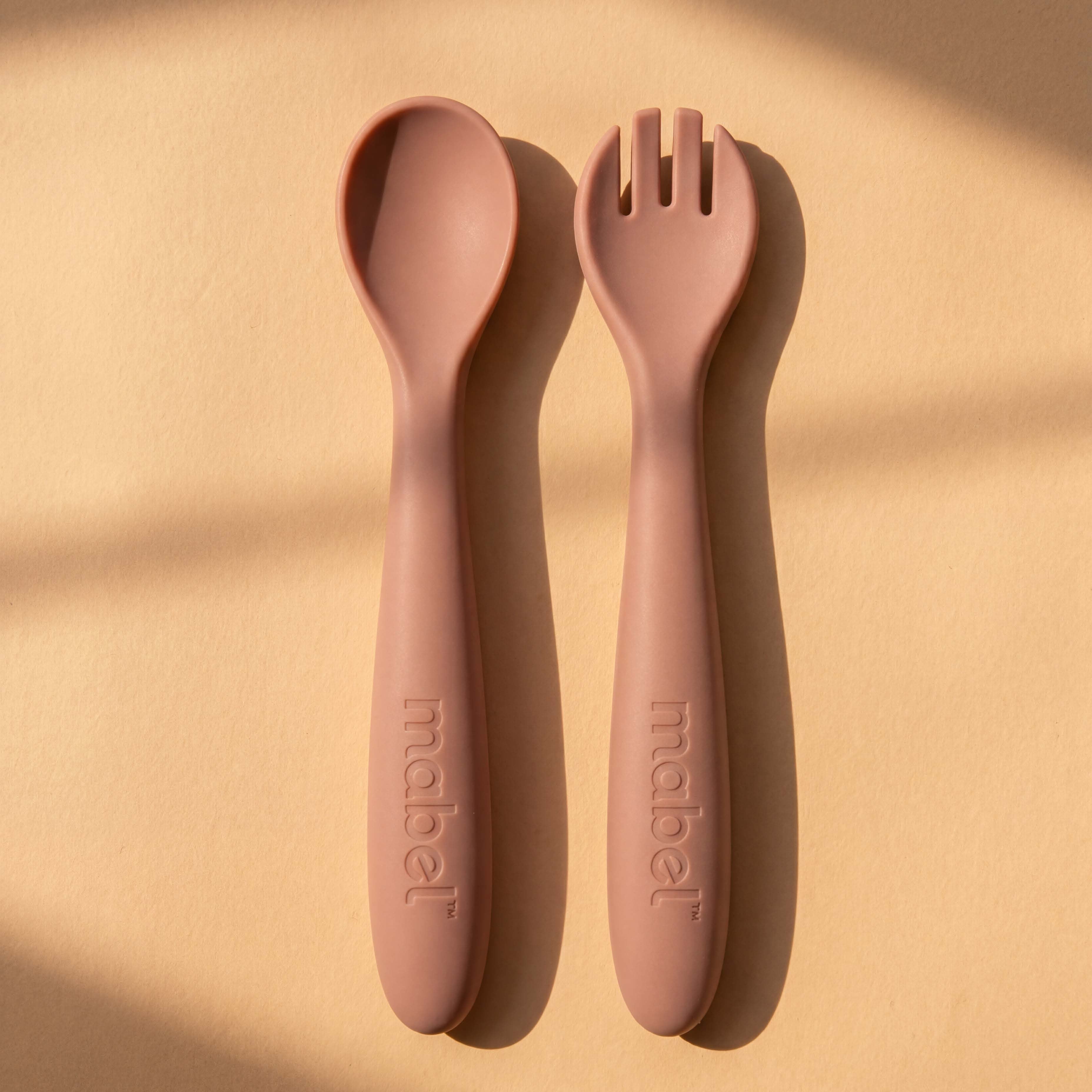 Mabel food-grade silicone spoon and fork in Caramel for baby-led weaning