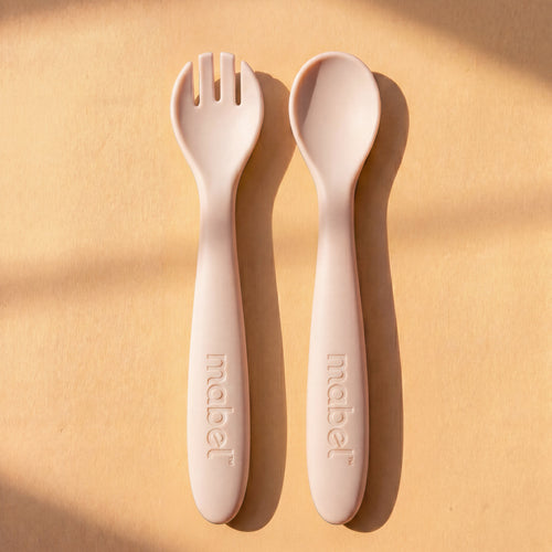 Mabel food-grade silicone spoon and fork in Milk White for baby-led weaning